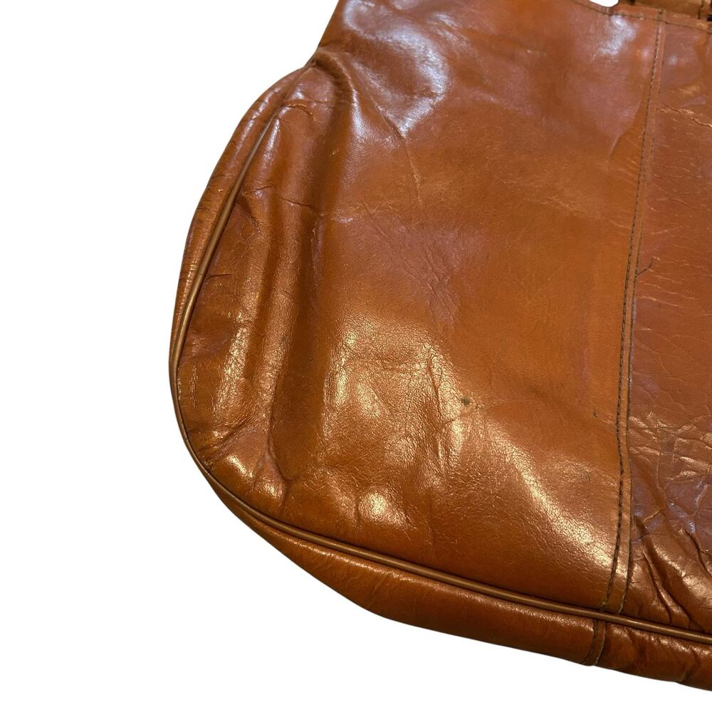 Vintage 80s Cognac Leather Hobo Shoulder Bag Whipstitch Heart Embroidery - Picture 8 of 16